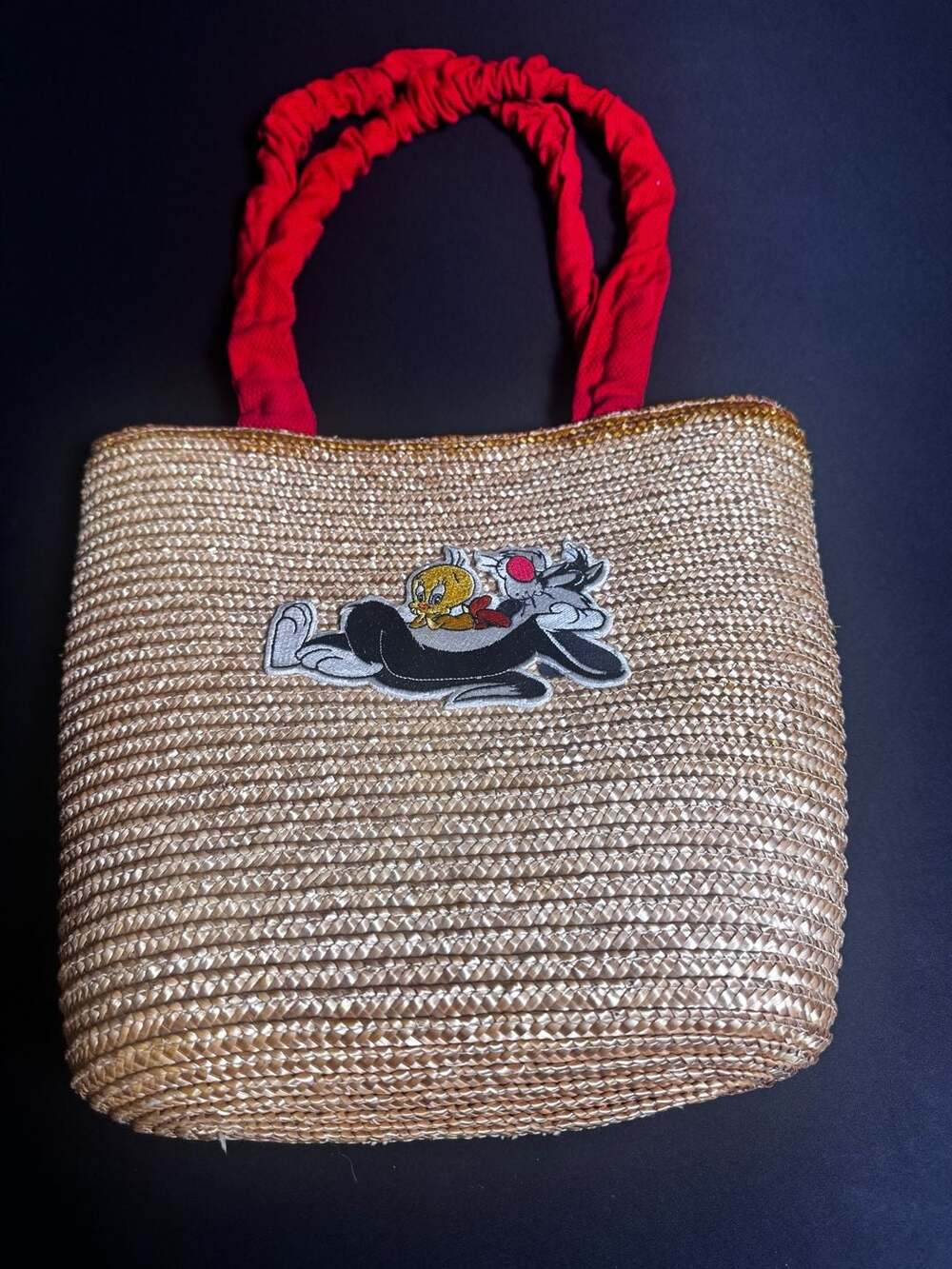 RARE Looney Tunes Sylvester and Tweety Bird Embroidered Straw Raffia Tote Bag